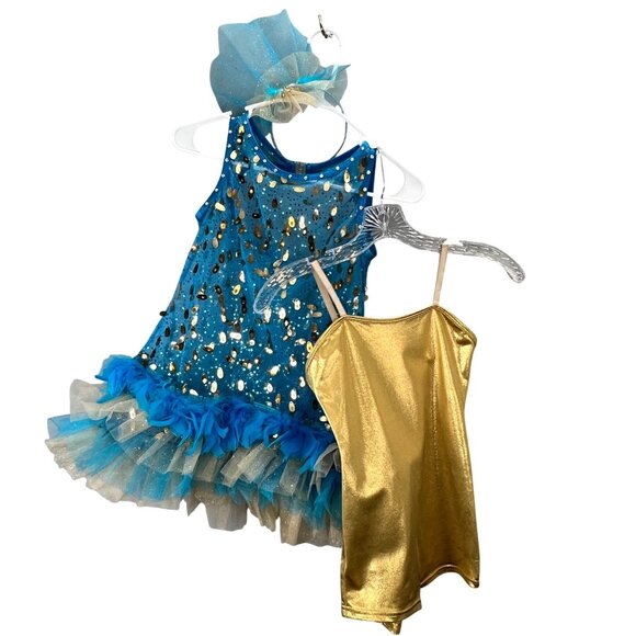 Dance Costume Jazz Tap Blue Gold Dress Biketard Feathers Sequins Curtain Call